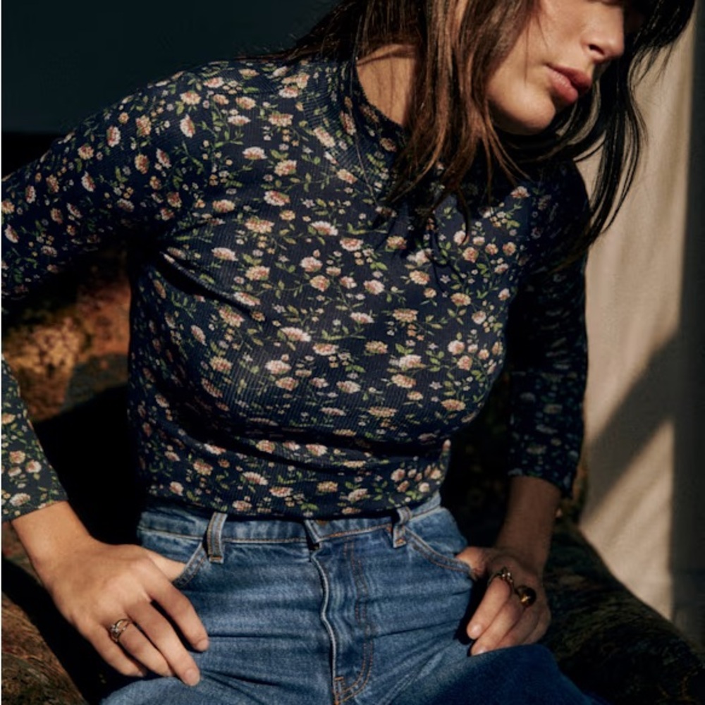 Sezane Felix Jumper Floral Long Sleeve Mock Neck Top Shirt L Large